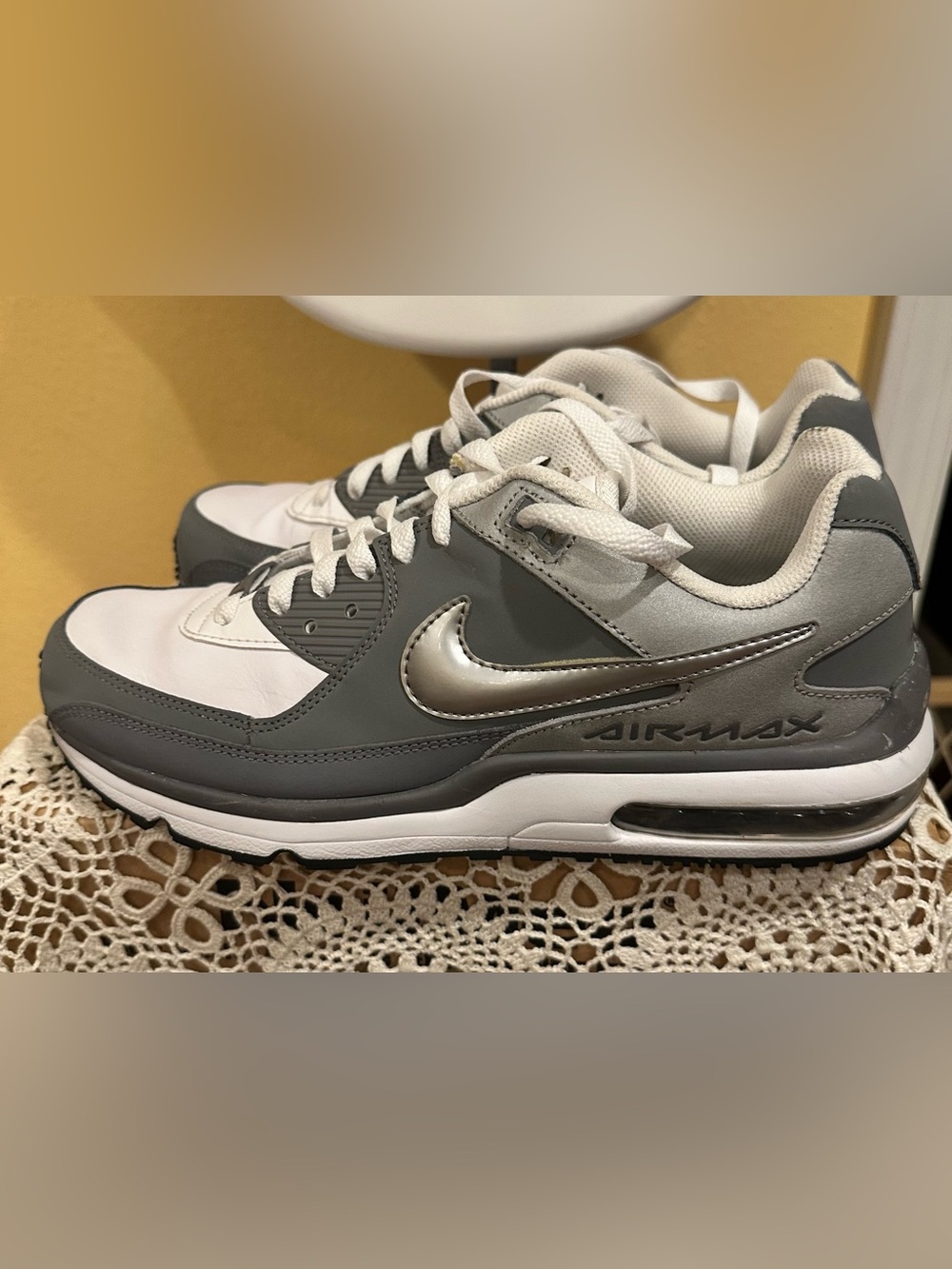 As is: Nike Air Max Grey, White & Silver Athletic Sneakers 9.5